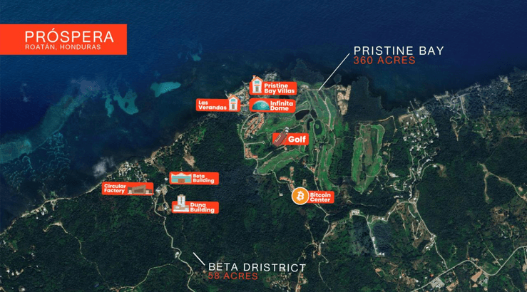 Map showing Próspera's strategic location on Roatán, Honduras with various development areas and attractions
